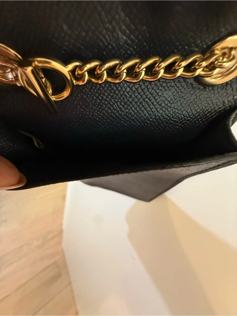 Coach Black Crossgrain Leather Phone Crossbody Gold Chain
